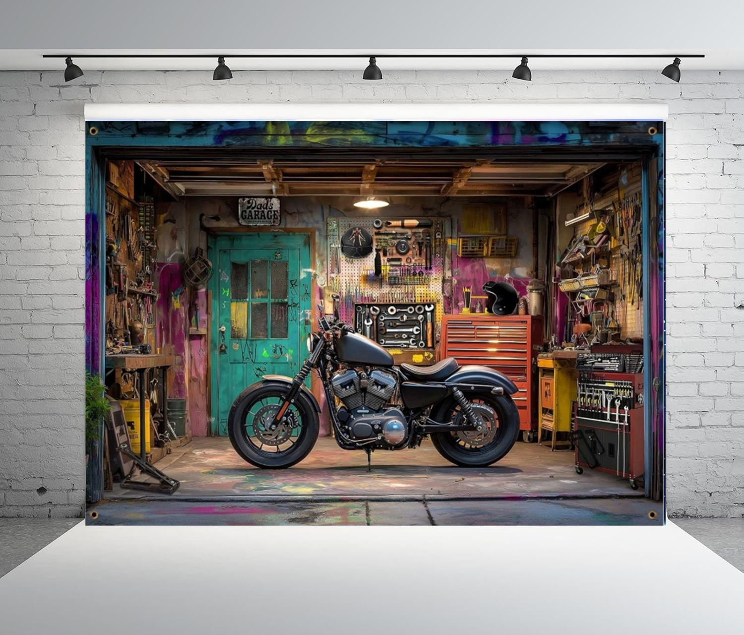Vintage Motorcycle Garage Phot - Workshop Tools Background ulasan dan harga