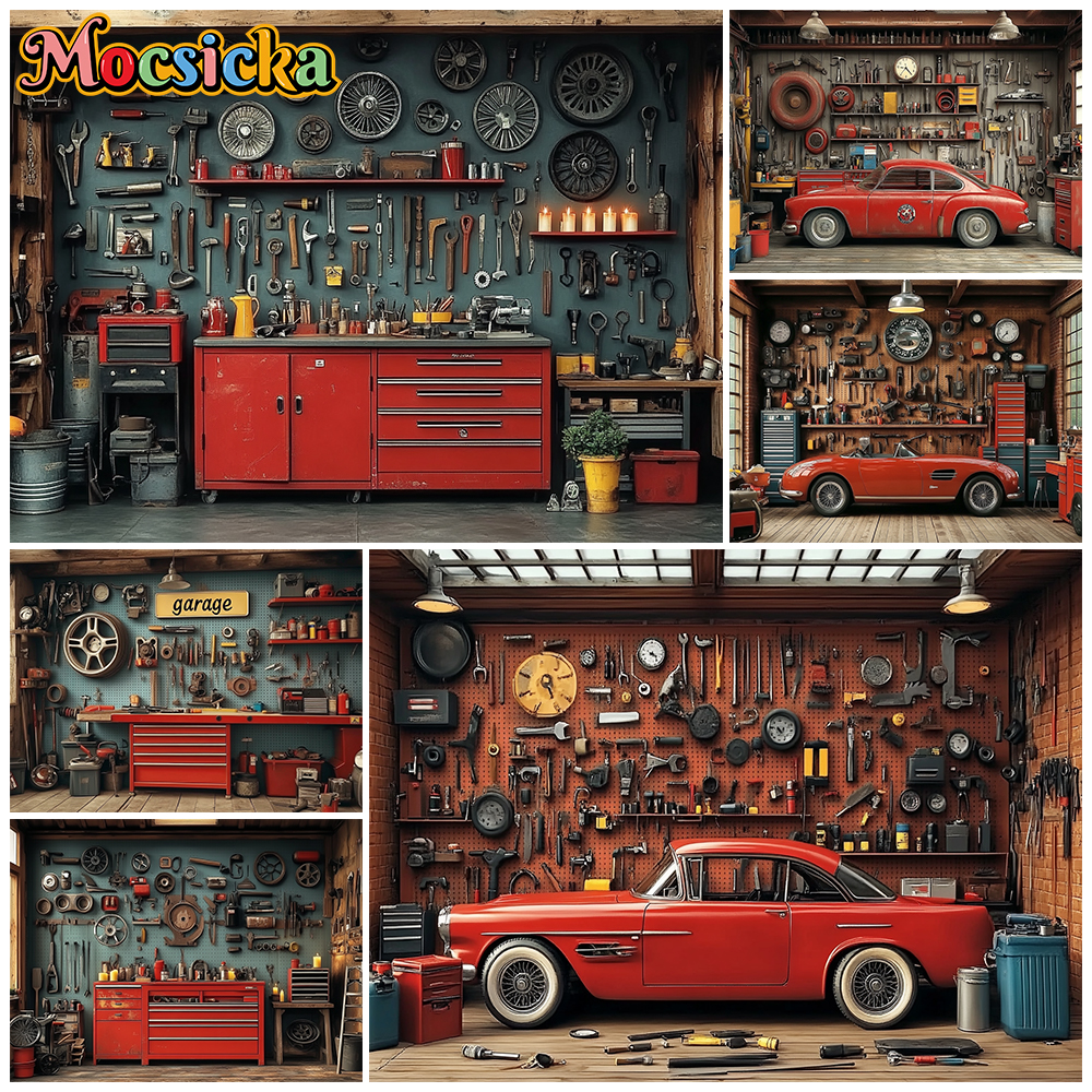 Mocsicka Red Classic Car Garag - Workshop Tools Background ulasan dan harga